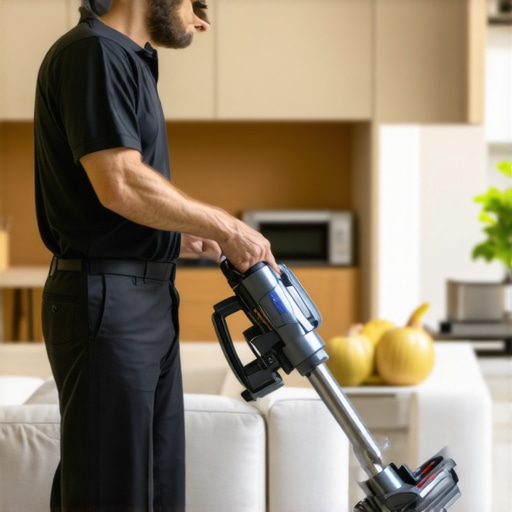 Advanced Post-Construction Cleaning Equipment in Action A professional cleaner operating HEPA vacuum and UV sterilizer in a modern, renovated home.