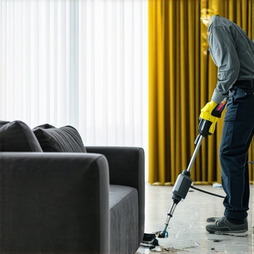 A professional cleaning team using advanced tools to deep clean a contemporary living room