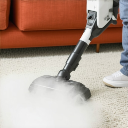 A modern steam cleaner operating on a vibrant carpet, demonstrating eco-friendly cleaning technology.