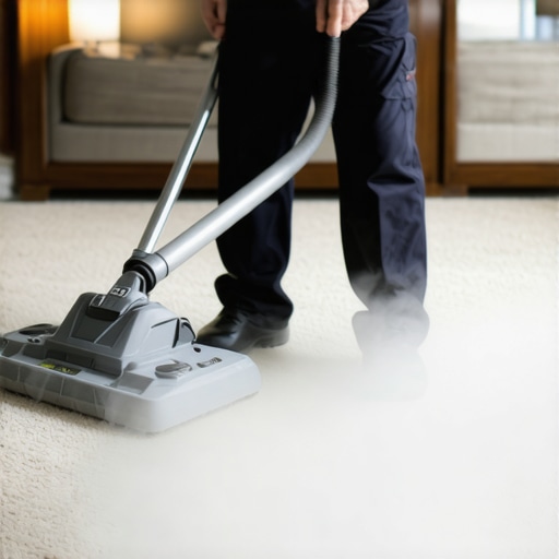 Professional steam cleaner gently working on wool carpet fibers