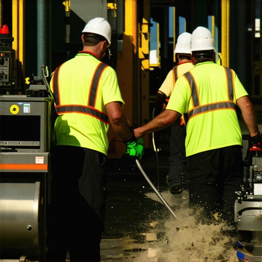 Cleaning crew with industrial equipment removing debris in a construction site