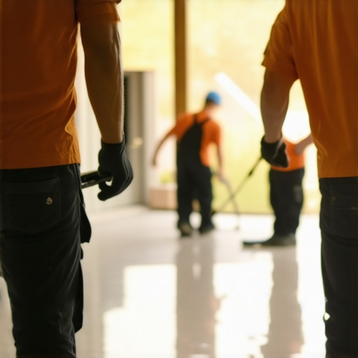 Professional post-renovation cleaning in action Cleaning team removing dust and debris from a renovated home with professional equipment