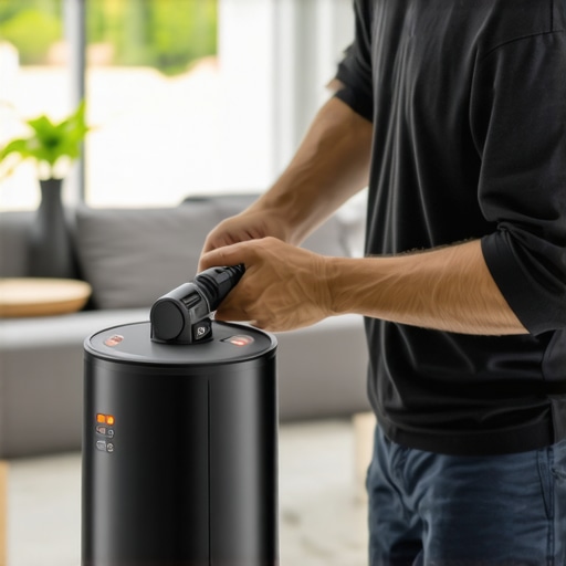 Professional employing ultrasonic mold removal device in a modern home interior.