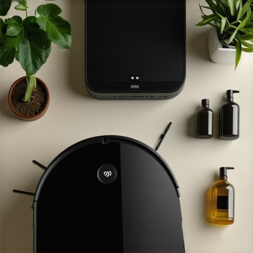 Modern home cleaning tools including robotic vacuum, steam cleaner, and natural cleaning products in eco-friendly environment
