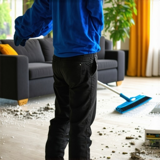 Professional cleaners using tools to deep clean a renovated living room