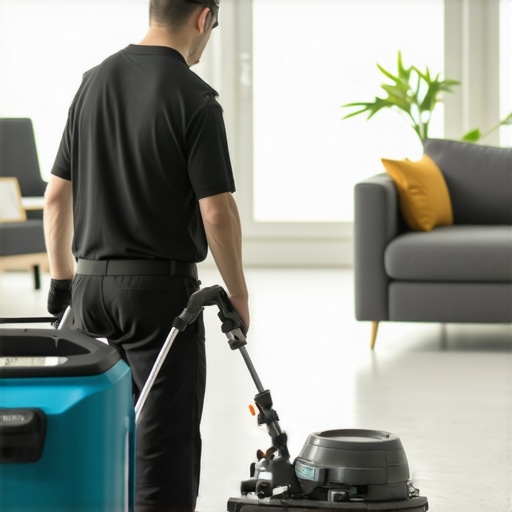 Expert Post-Renovation Cleaning in Action Professional cleaner using advanced tools in a renovated living room