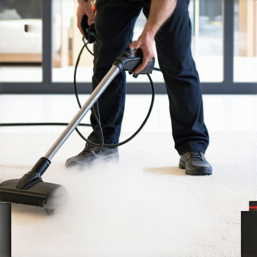 Professional cleaning expert steaming carpet in a modern home