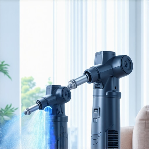 A homeowner using UV-C sterilization and electrostatic sprayers during a deep cleaning session to demonstrate advanced sanitation technology.
