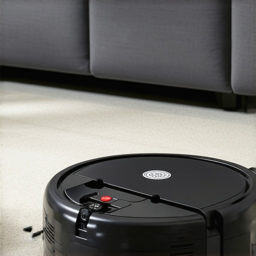 Robot vacuum cleaning a tidy living room with modern technology.