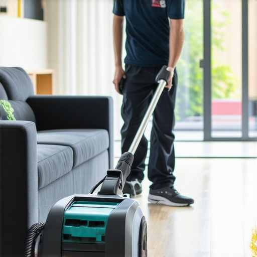 Professional using hot water extraction machine to deep clean a carpet in a living room.