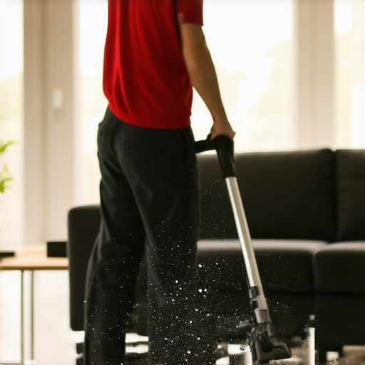 A professional vacuum cleaner removing dust from a post-renovation living room.