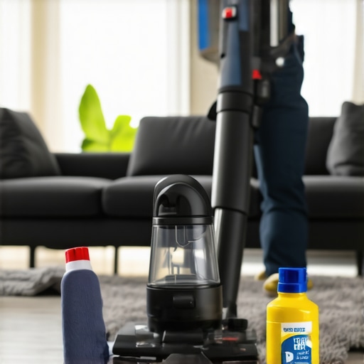 Tools for deep cleaning a post-construction home, including vacuum and microfiber cloths.