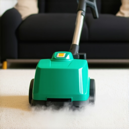 Professional steam cleaner deep cleaning a carpet to eliminate germs and allergens.