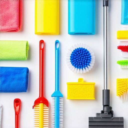 A collection of professional cleaning tools neatly arranged, including microfiber cloths, vacuum, mop, and brushes