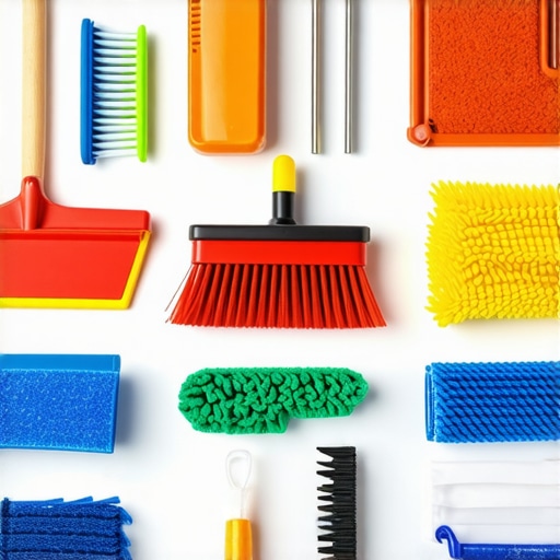 Professional cleaning equipment including a carpet cleaner, microfiber cloths, and steam cleaner arranged for maintenance
