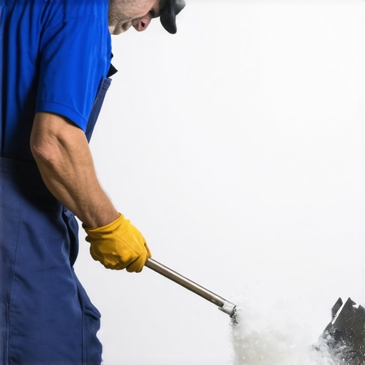 Cleaner using vacuum and cloths to clean a construction site