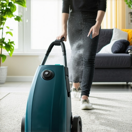 Person steam cleaning a carpet with a professional device