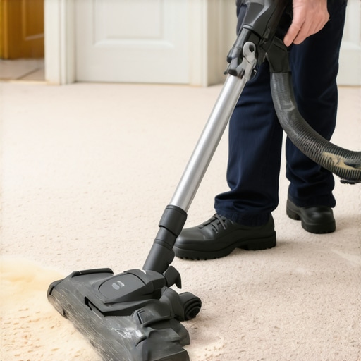 Person vacuuming dust from a carpet using a HEPA filter vacuum cleaner.