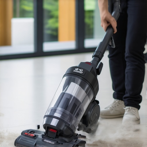Person vacuuming dusty floor with HEPA filter vacuum cleaner