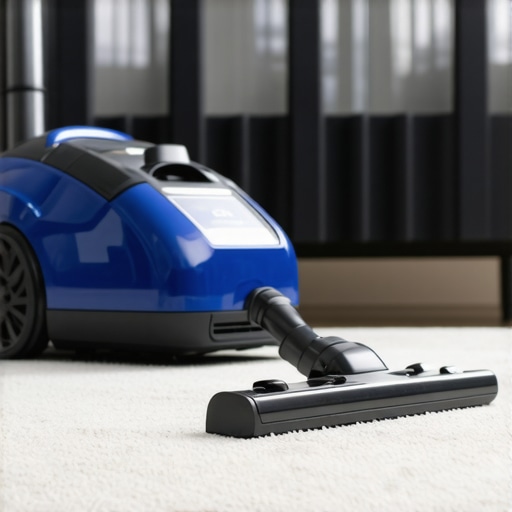A vacuum cleaner with HEPA filter cleaning a carpet, emphasizing high-quality filtration for debris removal.