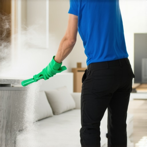 A cleaning professional sweeping up debris with a vacuum cleaner in a newly renovated living room
