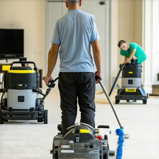 Professional cleaners using equipment to deep clean a renovated home.