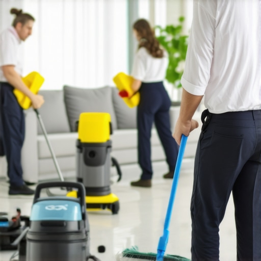 Cleaning team vacuuming and wiping surfaces in a renovated living room