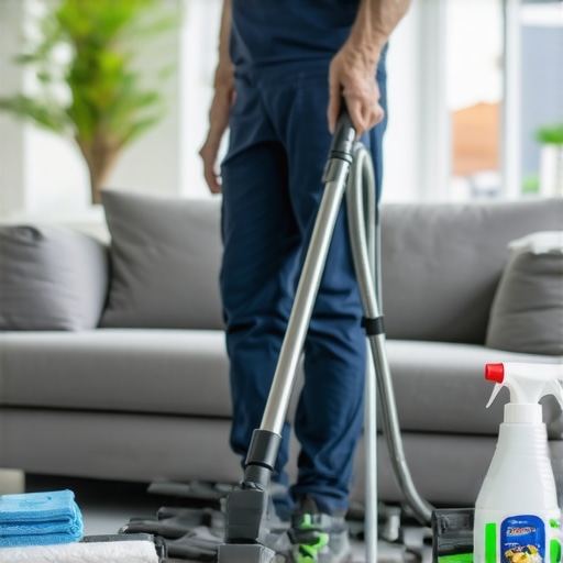 Cleaning technician vacuuming and wiping surfaces in a bright, modern home after renovation.