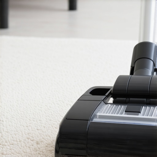 A HEPA-filtered vacuum cleaner cleaning a carpet, emphasizing its filters and brushes for effective maintenance.