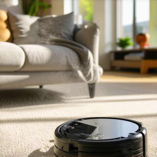 Robotic vacuum cleaning carpet in a bright living room