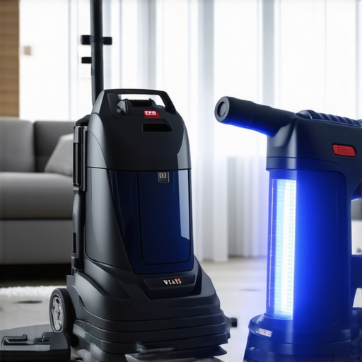 Professional cleaning equipment showcasing carpet cleaner, vacuum, and UV light in a clean, modern living room.