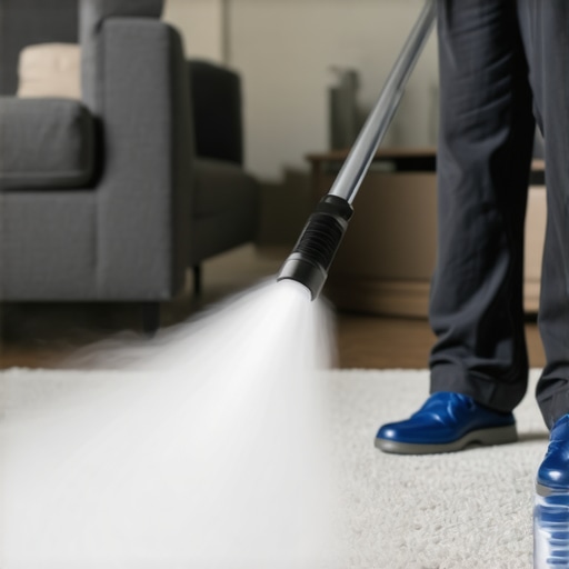 Using a Steam Cleaner for Deep Carpet Cleaning A person operating a steam cleaner on a plush carpet to achieve deep cleaning and remove embedded dirt.