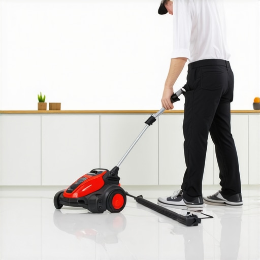 Person using a professional-grade steam cleaner on kitchen tiles during deep cleaning
