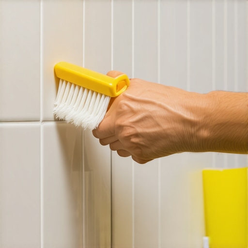 Person scrubbing grout with a brush after applying cleaning solution