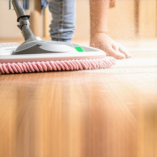 Hand cleaning hardwood floor with microfiber mop after construction, dust removal