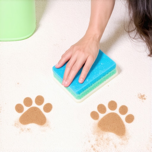 A person scrubbing muddy paw prints on a carpet using a sponge and cleaning solution.