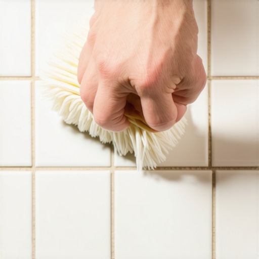 Cleaning stained grout with brush Someone scrubbing brown grout lines with a brush in a bathroom