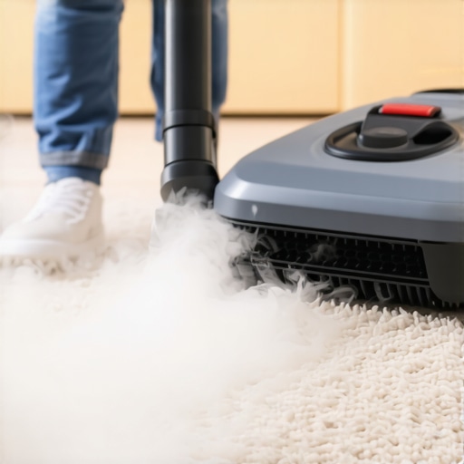 Person steaming a carpet to remove pet odors, showing clean fibers and steam vapor