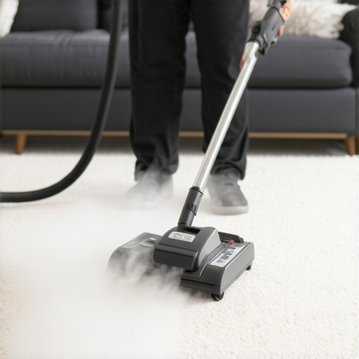 Effective Carpet Steam Cleaning A person using a steam cleaner on a plush carpet in a well-lit room