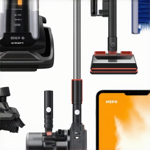 A collection of high-end home cleaning equipment and a tablet displaying a maintenance app.