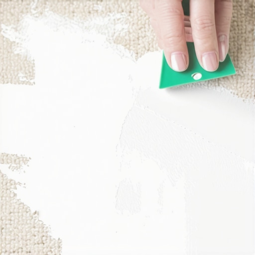 Person gently scraping dried white paint from carpet with a plastic scraper.