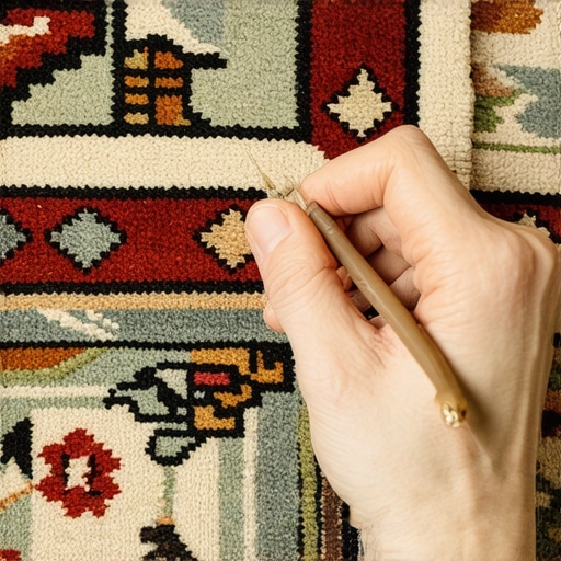 A delicate silk rug with a small burn area being treated with a fine filler, demonstrating proper repair technique.