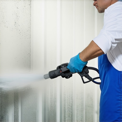 Deep Cleaning Expert at Work Professional using advanced cleaning tools on textured wall post-renovation.