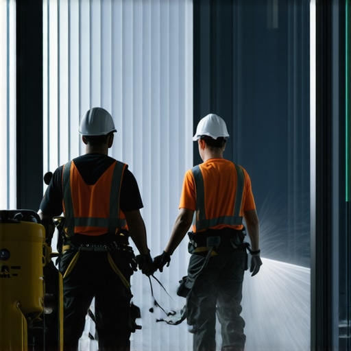 Workers using industrial cleaning tools to remove construction debris and dust from a renovated room