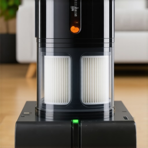 A high-tech vacuum cleaner with HEPA filtration being used in a modern living room.