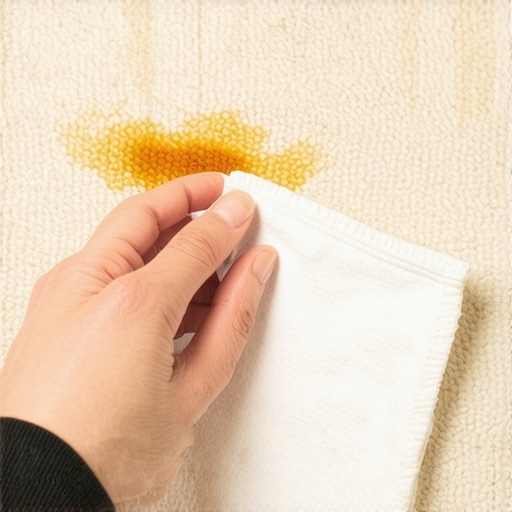 Close-up of a hand gently blotting an oily stain on a bio-silk carpet with a cloth.