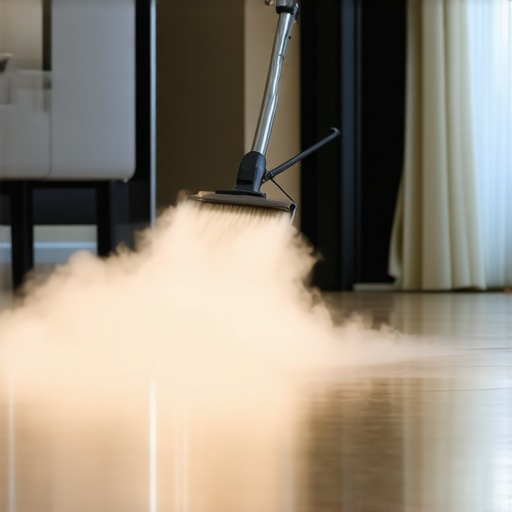 Steam cleaner spraying water on tiled floor.