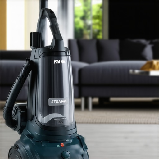 Vacuum and steam cleaner in a tidy living room for home upkeep