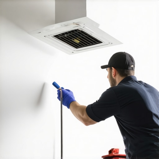 Person cleaning HVAC vents and ducts with brushes and vacuum in a house.