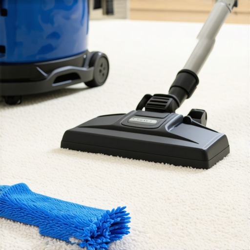 Detailed view of a steam cleaner and microfiber tools used for delicate carpet maintenance.